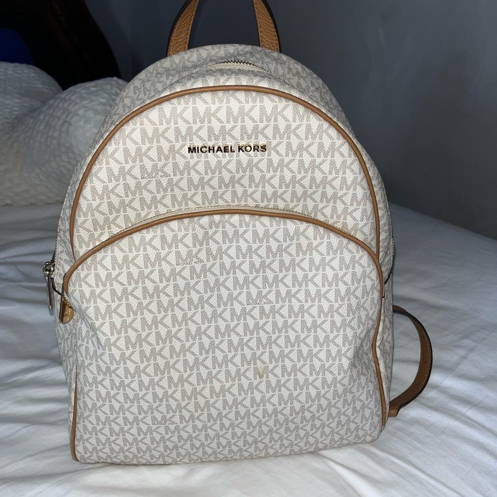 Michael Kors Logo Patterned Cream and Tan Backpack